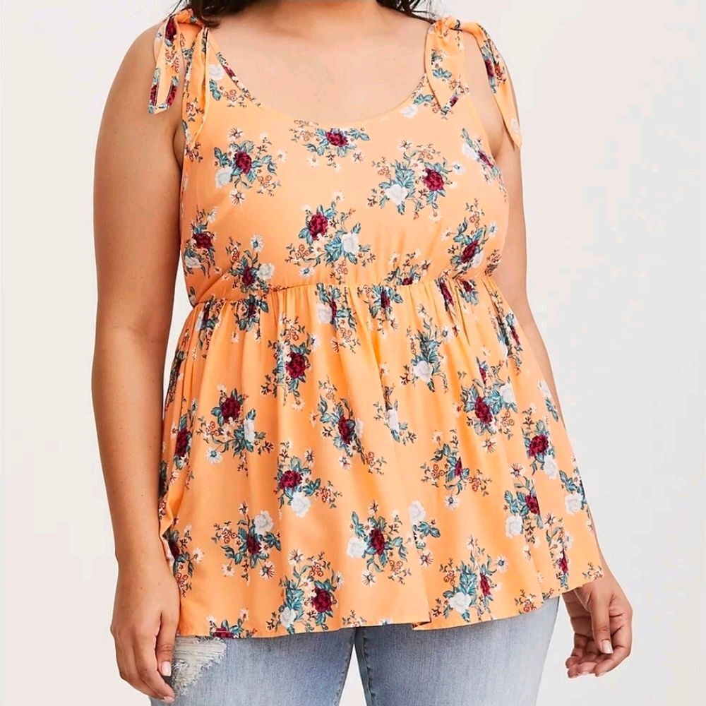 Torrid Orange Floral Babydoll Tank Tie Strap Elastic Waist Size 1 1X